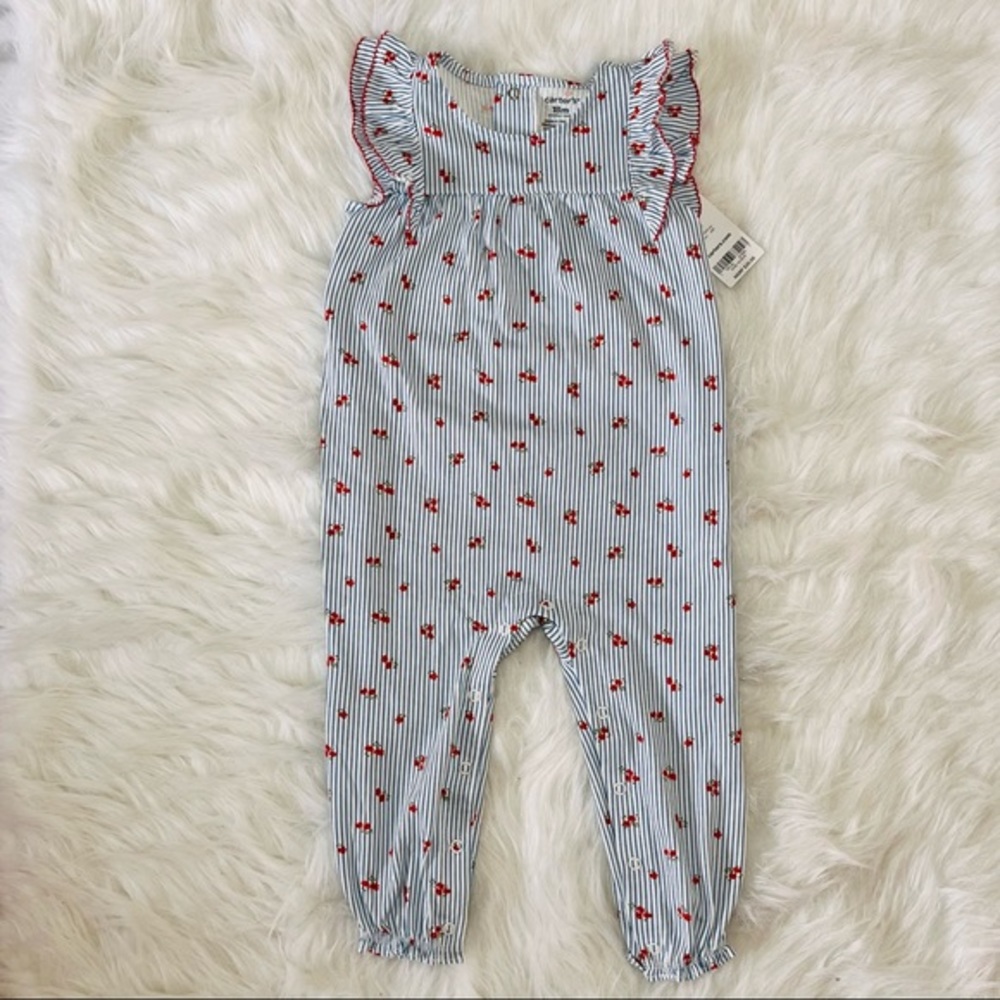 Carter’s One Piece Jumpsuit Blue Striped W/Red Flowers Size 18 Months NEW